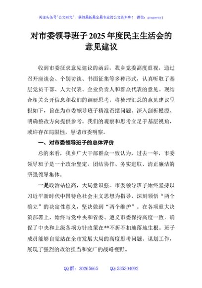 对市委领导班子2025年度民主生活会的意见建议