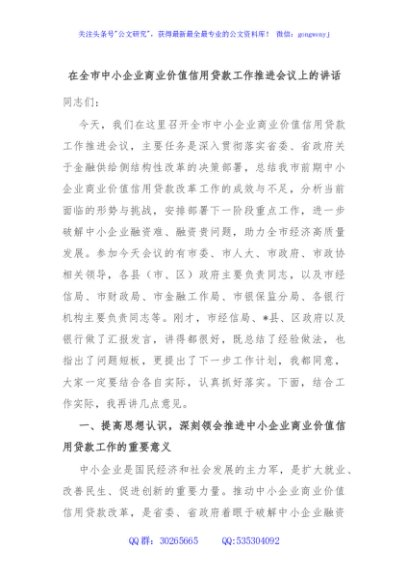 在全市中小企业商业价值信用贷款工作推进会议上的讲话