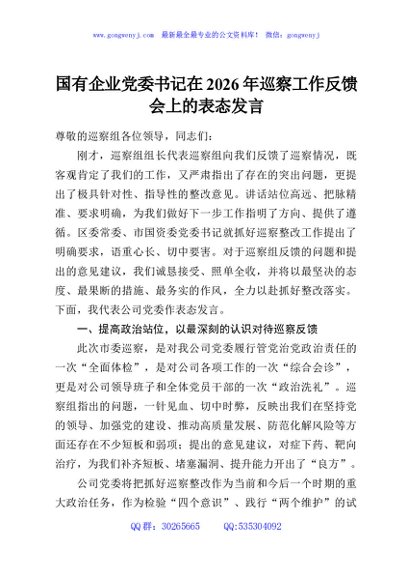国有企业党委书记在2026年巡察工作反馈会上的表态发言