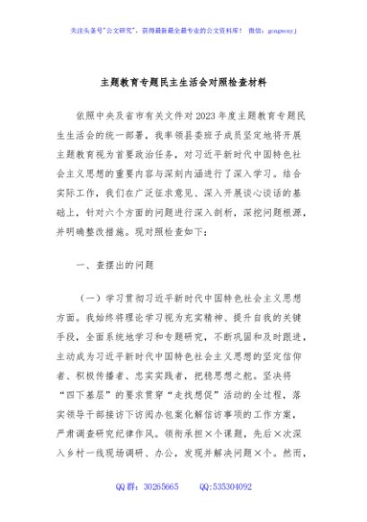主题教育专题民主生活会对照检查材料 (2)