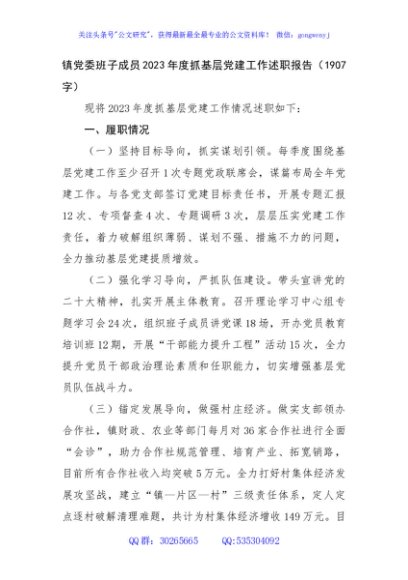 镇党委班子成员2023年度抓基层党建工作述职报告