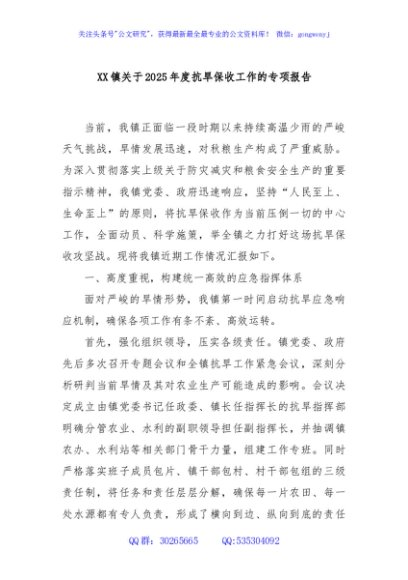 XX镇关于2025年度抗旱保收工作的专项报告
