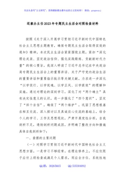 巡察办主任2023年专题民主生活会对照检查材料