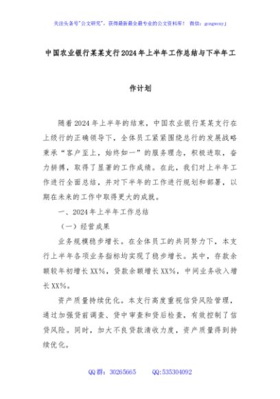 中国农业银行某某支行2024年上半年工作总结与下半年工作计划
