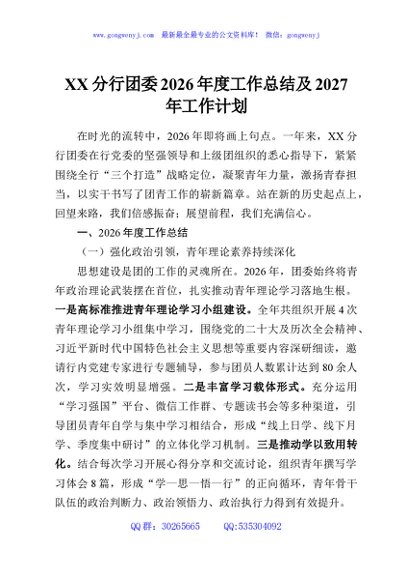 XX分行团委2026年度工作总结及2027年工作计划