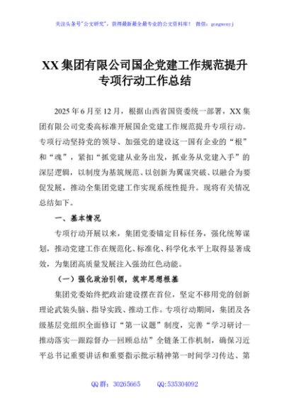 XX集团有限公司国企党建工作规范提升专项行动工作总结