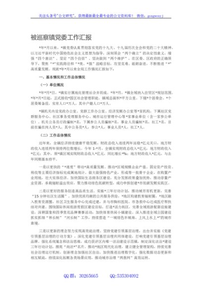 被巡察镇党委工作汇报