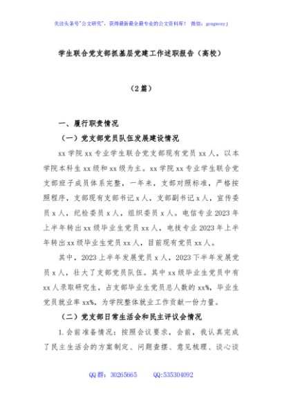 (2篇)学生联合党支部抓基层党建工作述职报告（高校）