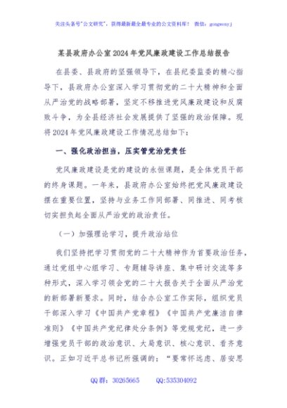 某县政府办公室2024年党风廉政建设工作总结报告