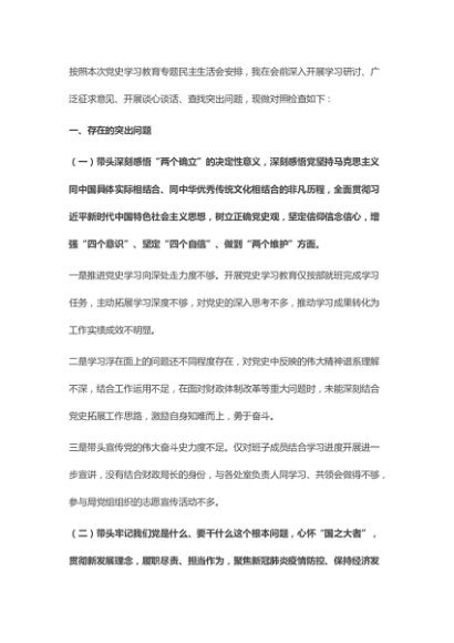 财政局局长2021年党史学习教育五个带头专题民主生活会对照检查材料