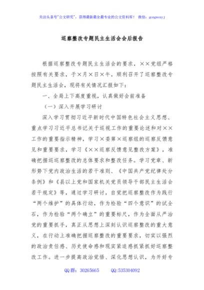 巡察整改专题民主生活会会后报告