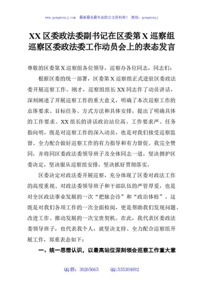 XX区委政法委副书记在区委第X巡察组巡察区委政法委工作动员会上的表态发言