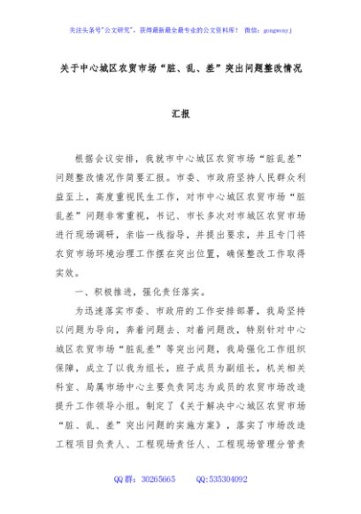关于中心城区农贸市场“脏、乱、差”突出问题整改情况汇报