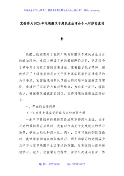 党委委员2024年巡视整改专题民主生活会个人对照检查材料