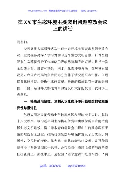 在XX市生态环境主要突出问题整改会议上的讲话