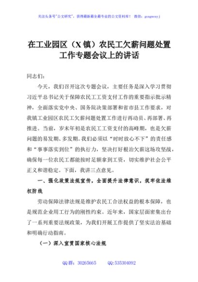 在工业园区（X镇）农民工欠薪问题处置工作专题会议上的讲话