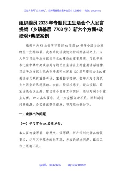 乡镇组织委员2023年专题民主生活会个人发言提纲（践行宗旨等6个方面+政绩观+典型案例）
