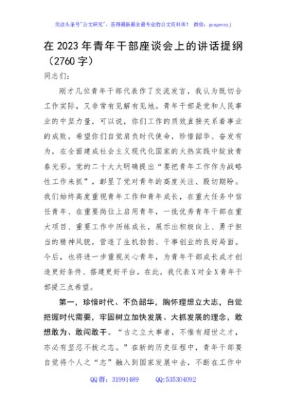 在2023年青年干部座谈会上的讲话提纲