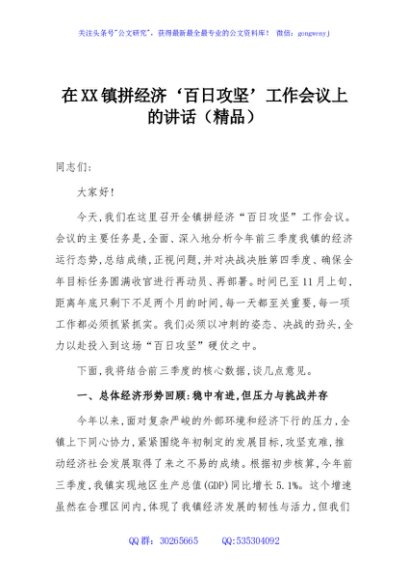 在XX镇拼经济‘百日攻坚’工作会议上的讲话（精品）