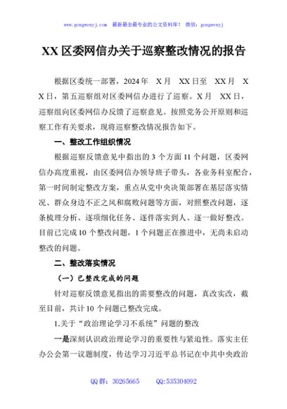 XX区委网信办关于巡察整改情况的报告