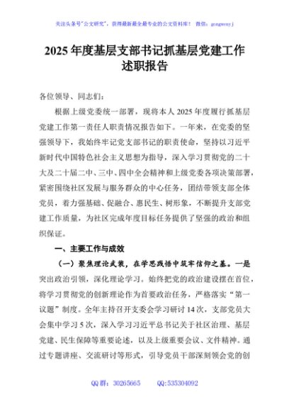 2025年度基层支部书记抓基层党建工作述职报告