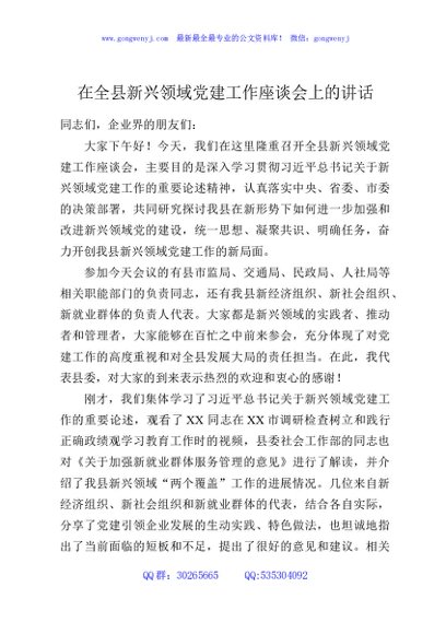 在全县新兴领域党建工作座谈会上的讲话