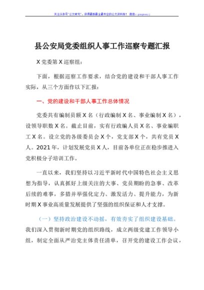 县公安局党委组织人事工作巡察专题汇报