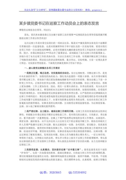 某乡镇党委书记在巡察工作动员会上的表态发言