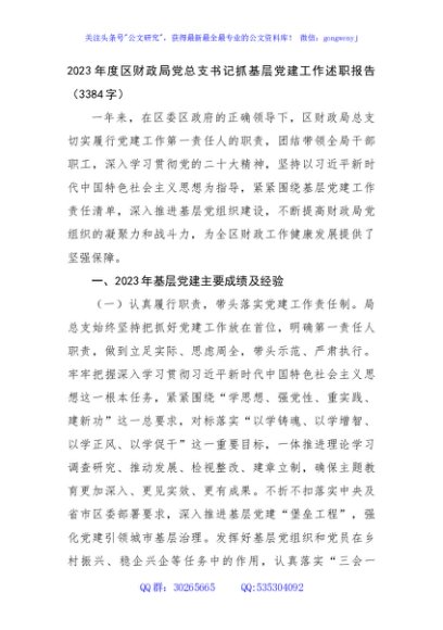 2023年度区财政局党总支书记抓基层党建工作述职报告