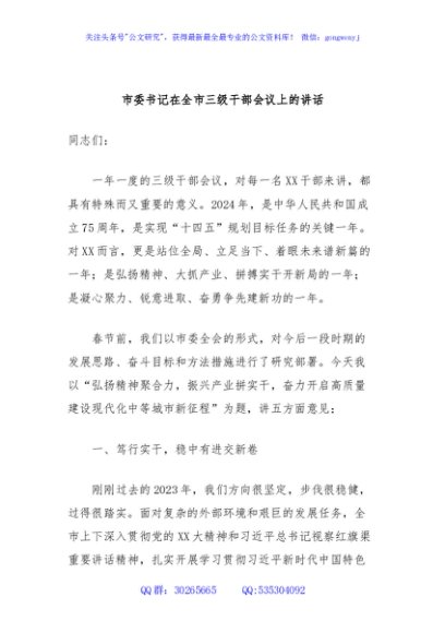 市委书记在全市三级干部会议上的讲话