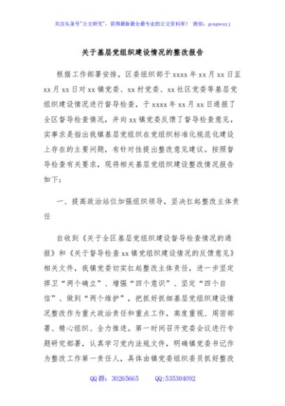关于基层党组织建设情况的整改报告