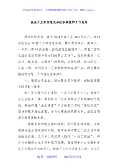 在县工业和信息化局挂职锻炼的工作总结