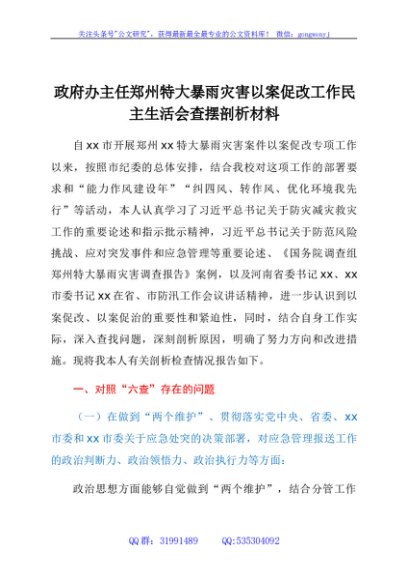 政府办主任郑州特大暴雨灾害以案促改工作民主生活会查摆剖析材料