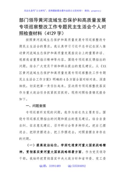 领导干部黄河流域生态保护和高质量发展专项巡察整改工作专题民主生活会个人对照检查材料