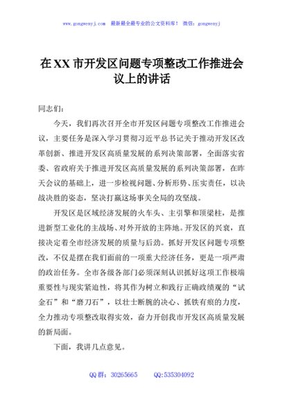 在XX市开发区问题专项整改工作推进会议上的讲话