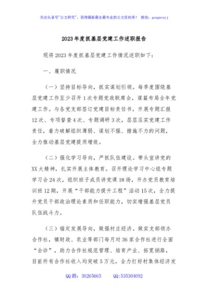 2023年度抓基层党建工作述职报告