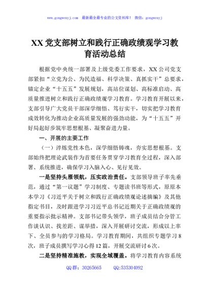 XX党支部树立和践行正确政绩观学习教育活动总结
