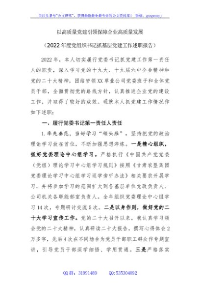 某国企党委书记抓基层党建工作述职报告