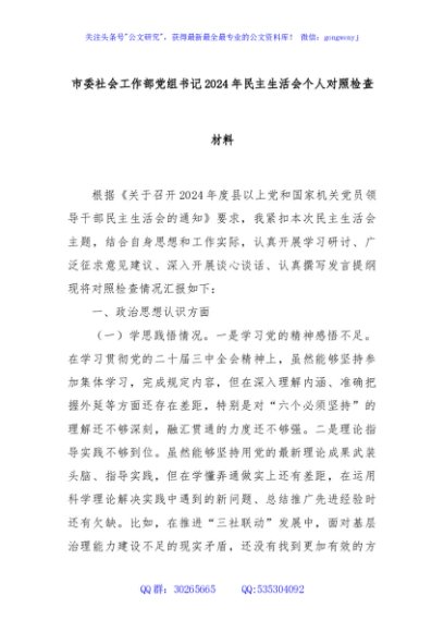 市委社会工作部党组书记2024年民主生活会个人对照检查材料