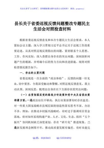 县长关于省委巡视反馈问题整改专题民主生活会对照检查材料