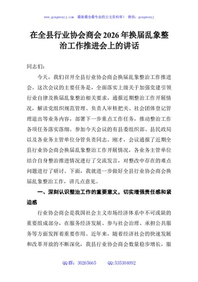 在全县行业协会商会2026年换届乱象整治工作推进会上的讲话