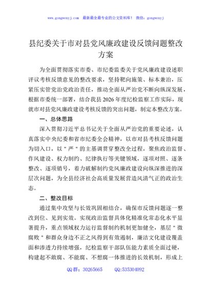 县纪委关于市对县党风廉政建设反馈问题整改方案