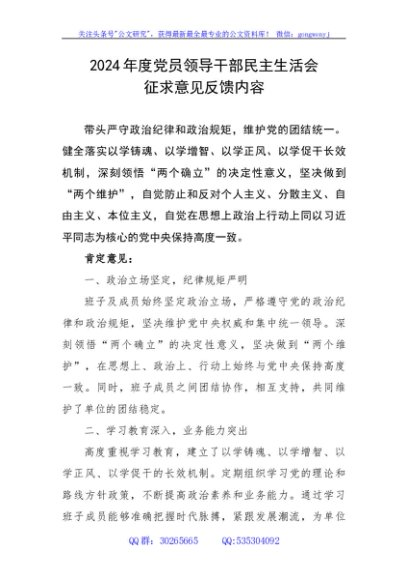 2024年度党员领导干部民主生活会征求意见反馈内容（内容很多，摘抄就行）