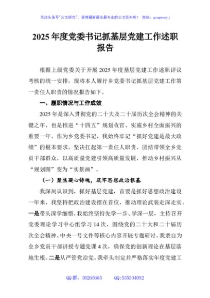 2025年度党委书记抓基层党建工作述职报告