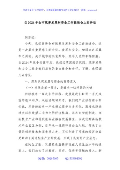 在2024年全市统筹发展和安全工作推进会上的讲话