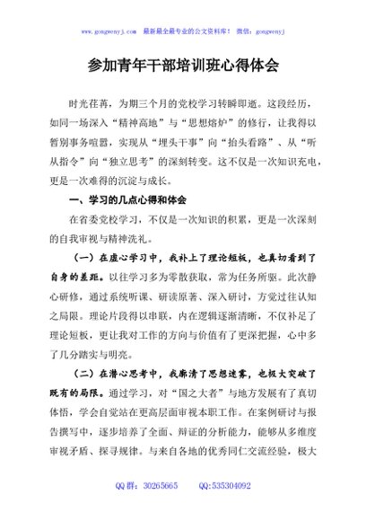 参加青年干部培训班心得体会