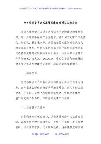 市X院党委书记抓基层党建突破项目实施方案