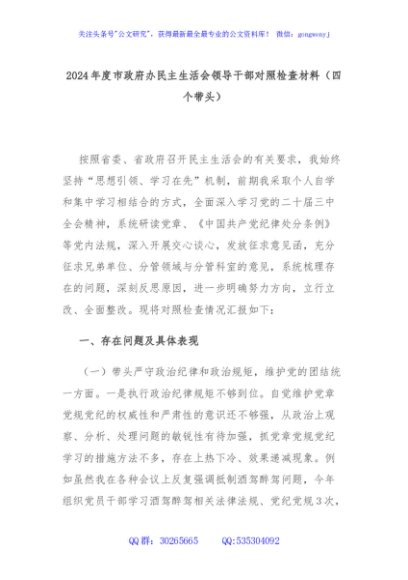 2024年度市政府办民主生活会领导干部对照检查材料（四个带头）