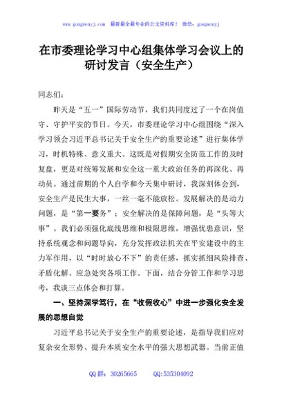 在市委理论学习中心组集体学习会议上的研讨发言（安全生产）