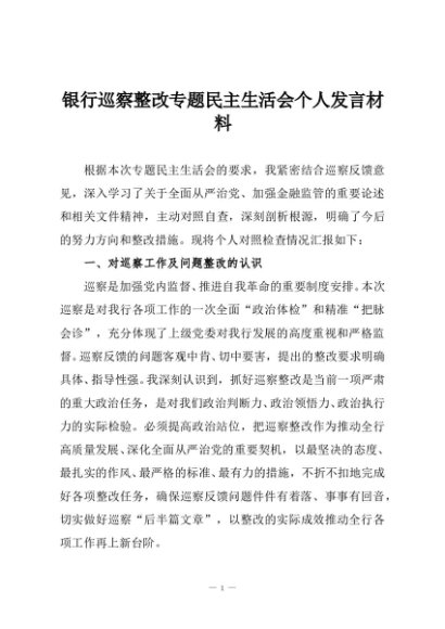 银行巡察整改专题民主生活会个人发言材料